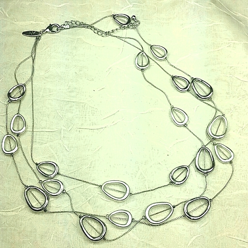 Trifari Necklace triple multi strand silver tone with random odd shaped oval